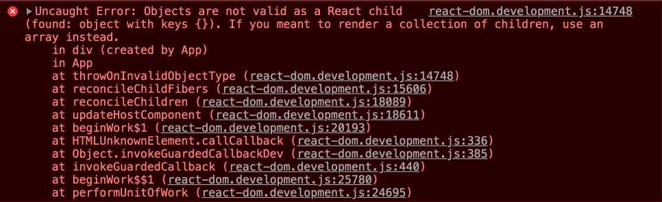 Error message from attempting to render an object